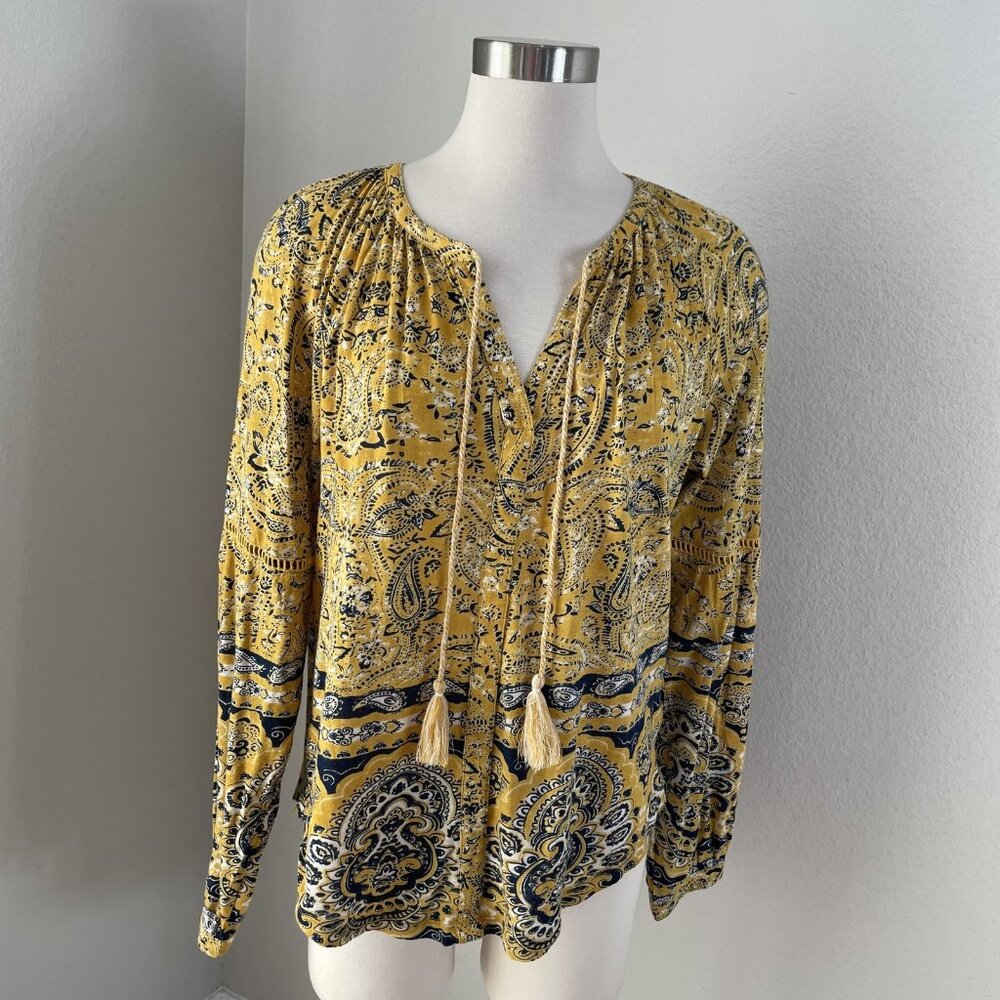Lucky Brand Shirt Womens Medium Boho Paisley Peasant Top Long Sleeve Tassel